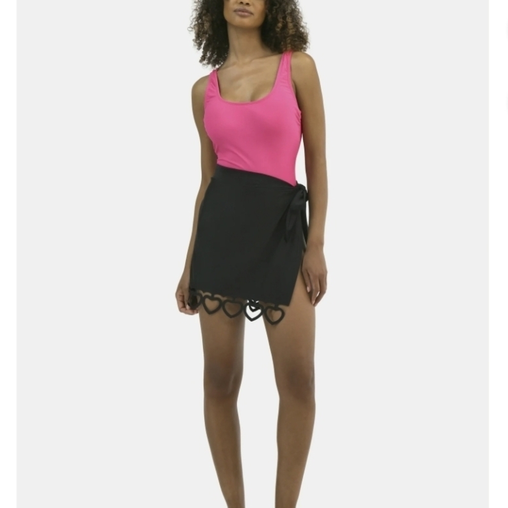 Black Mini Wrap Skirt with Heart Trim